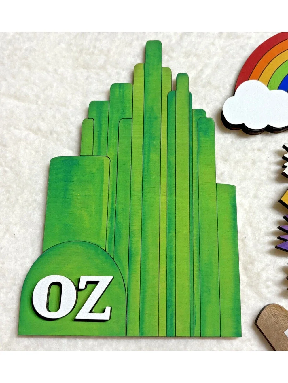 lot of 7 Pcs Wizard of Oz Tiered Tray Decor Set Wooden Signs - hand painted OOAK